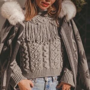 Zara long sleeve chunky cable knit turtle neck fringe grey cropped sweater